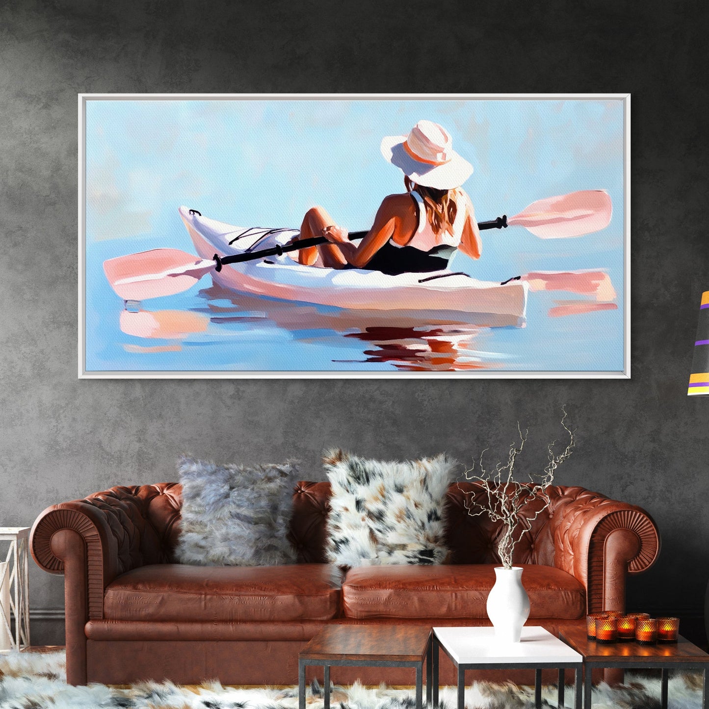Kayaker, Summer Adventure, Water Sports Art, Canvas Print, Minimalist Wall Decor, Coastal Home Art, Boho Beach Painting, Modern Artwork