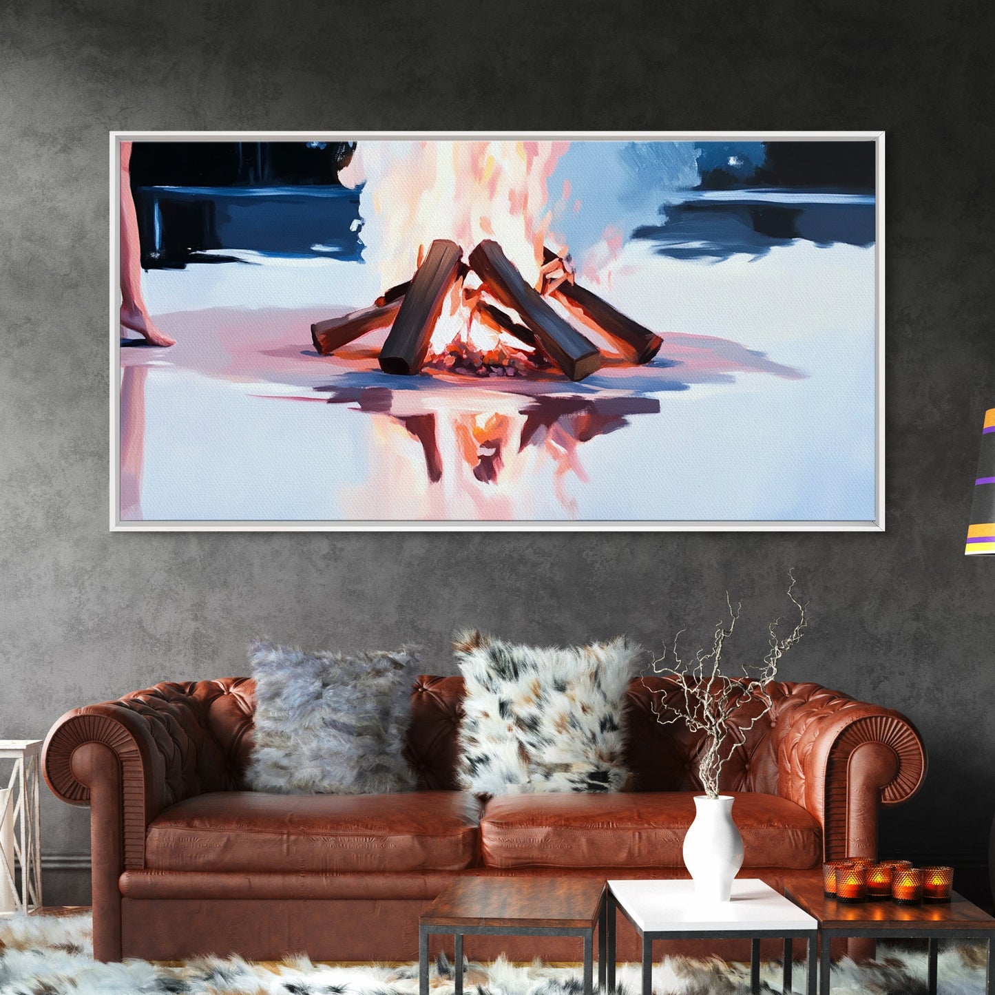 Gemütliches Lagerfeuer, Feuerspiegelung, Lagerfeuerglühen, Herbstnacht, gerahmter Leinwanddruck, Wandbild für die Hütte, rustikale Dekoration, warme Atmosphäre, Herbstkunst