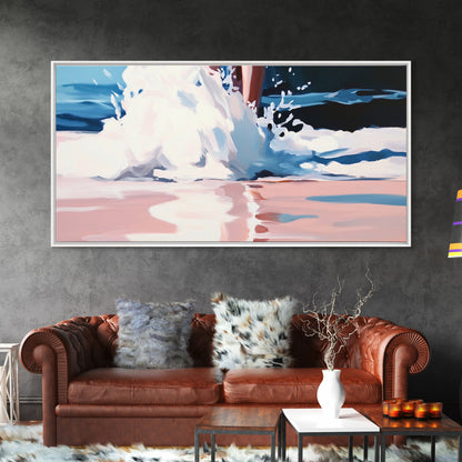 Meereswellen-Spritzer, Küsten-Surf-Druck, Dynamische Strandwandkunst, Maritime Meeresdekoration, Moderne blaue Ästhetik, Badezimmer-Leinwanddruck