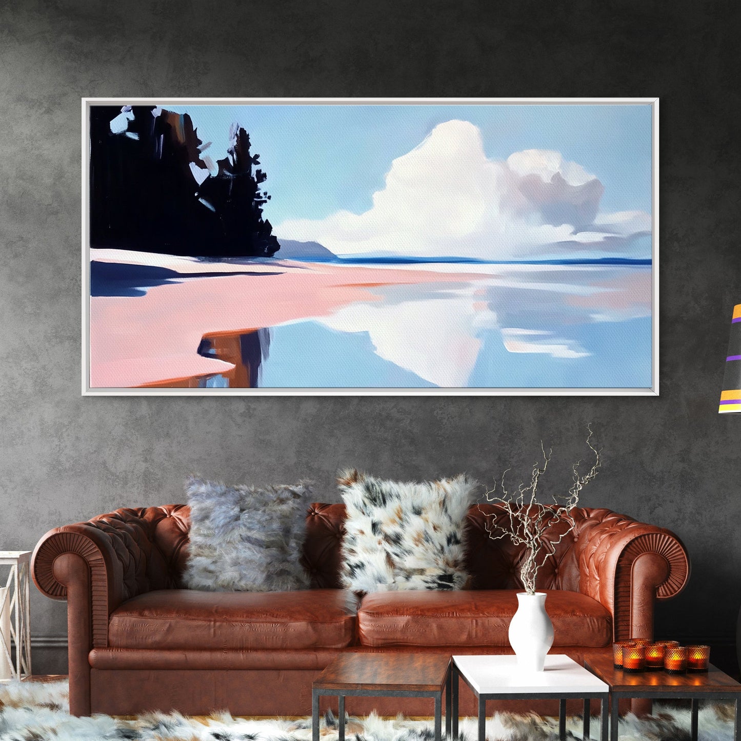 Bewölkte Meereslandschaft mit Spiegelung, ruhiger Küstendruck, minimalistische Meeresdekoration, sanfte Pastelllandschaft, Zen-Kunst für Zuhause, gerahmter Leinwanddruck fürs Schlafzimmer