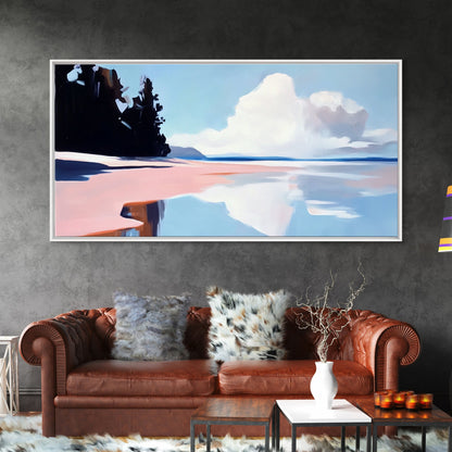 Bewölkte Meereslandschaft mit Spiegelung, ruhiger Küstendruck, minimalistische Meeresdekoration, sanfte Pastelllandschaft, Zen-Kunst für Zuhause, gerahmter Leinwanddruck fürs Schlafzimmer