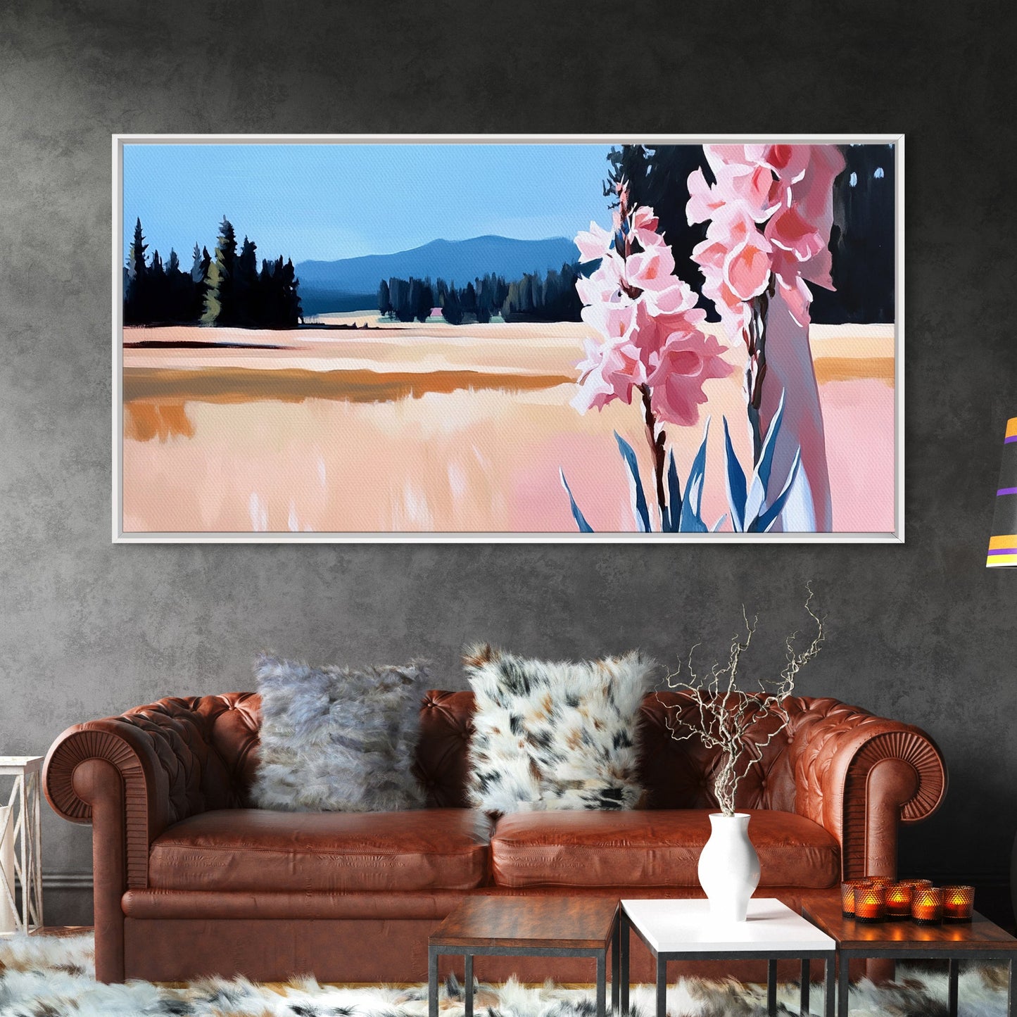 Rosa Blumen, Naturlandschaft, Wandbild im Landhausstil, Blumenästhetik, Boho-Dekor, Schlafzimmer-Wandbild, Minimalistische Kunst, Leinwanddruck