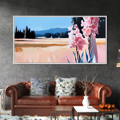 Rosa Blumen, Naturlandschaft, Wandbild im Landhausstil, Blumenästhetik, Boho-Dekor, Schlafzimmer-Wandbild, Minimalistische Kunst, Leinwanddruck