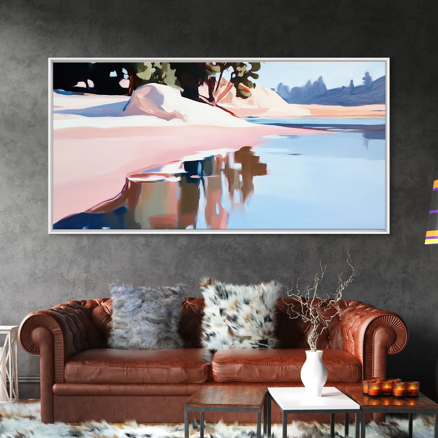 Küstenbaum, Dachüberstand, Leinwanddruck, vom Meer inspirierte Dekoration, moderne Strandwandkunst, pastellfarbene Meereslandschaft, ruhige Szenerie, tropisches Flair