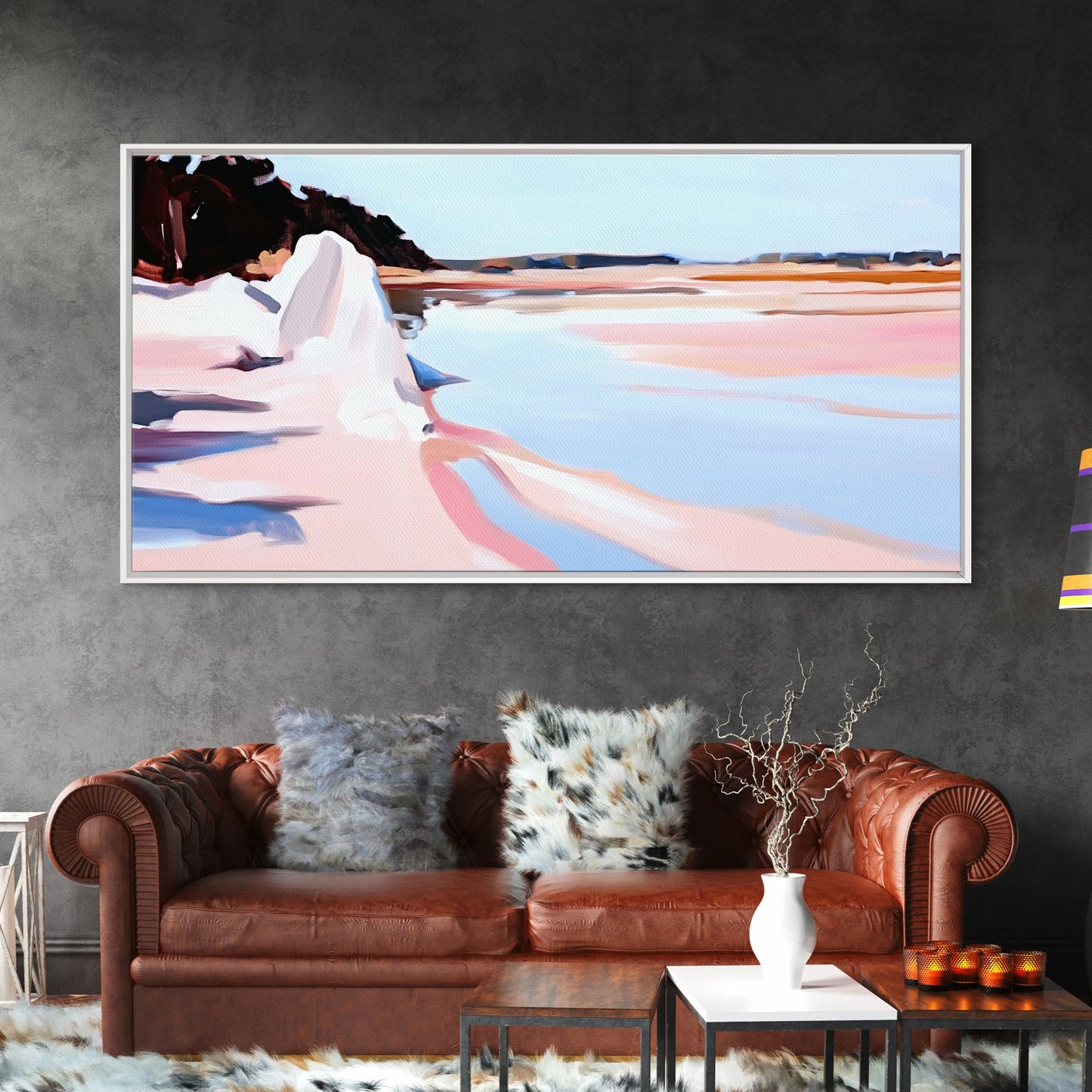 Klippen, Wasser, Spiegelung, Leinwanddruck, Küstenkunst, zeitgenössisches Seestück, Küstenansicht, Pastelllandschaft, Meeresdekor