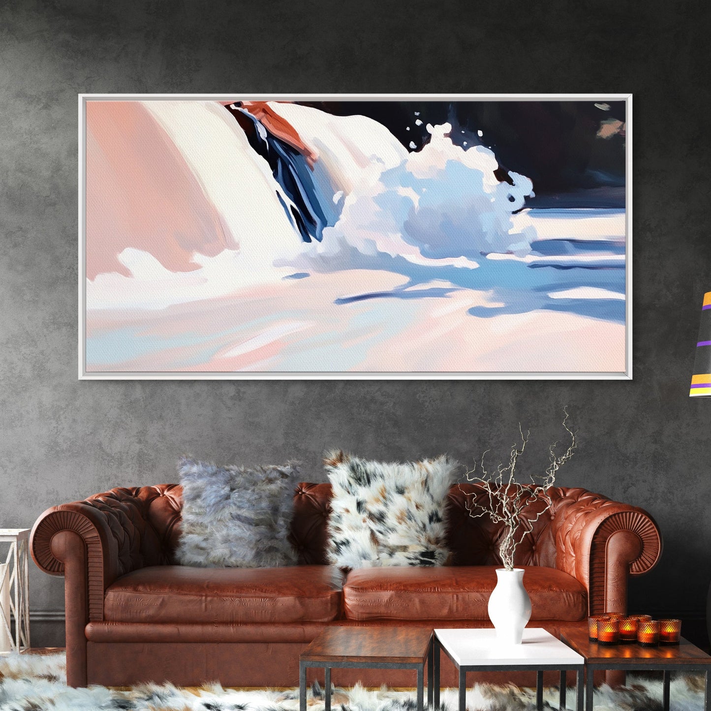 Snow Peak, Clouds, Framed Canvas Print, Alpine mountain scene, winter painting, Scandinavian decor, minimalist landscape, abstract nature art