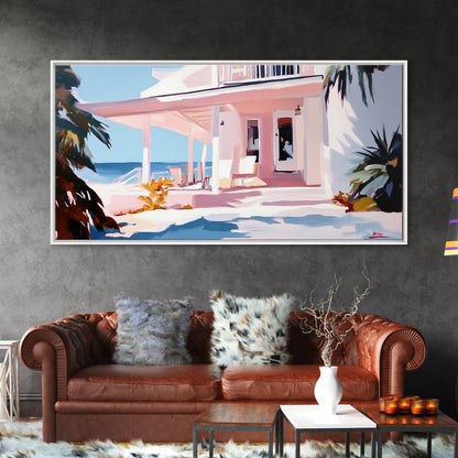 Oceanfront Porch, Coastal Home, Beach House, Seaside Retreat, Summer Vibes, Blue Wall Art, Nautical Style, Modern Decor, Framed Canvas Print