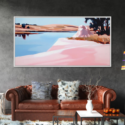 Tree on Shore, Lake Art, Natural Beauty, Rustic Decor, Tranquil Scene, Blue and Pink Palette, Serene Wall Art, Modern, Canvas Print