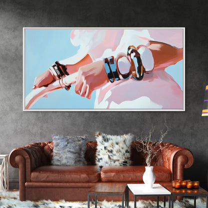 Moderne Mode, auffälliger Schmuck, schicke Kunst, gerahmter Leinwanddruck, zeitgenössische Wandkunst, feminine Dekoration, minimalistische Ästhetik, Schlafzimmerkunst