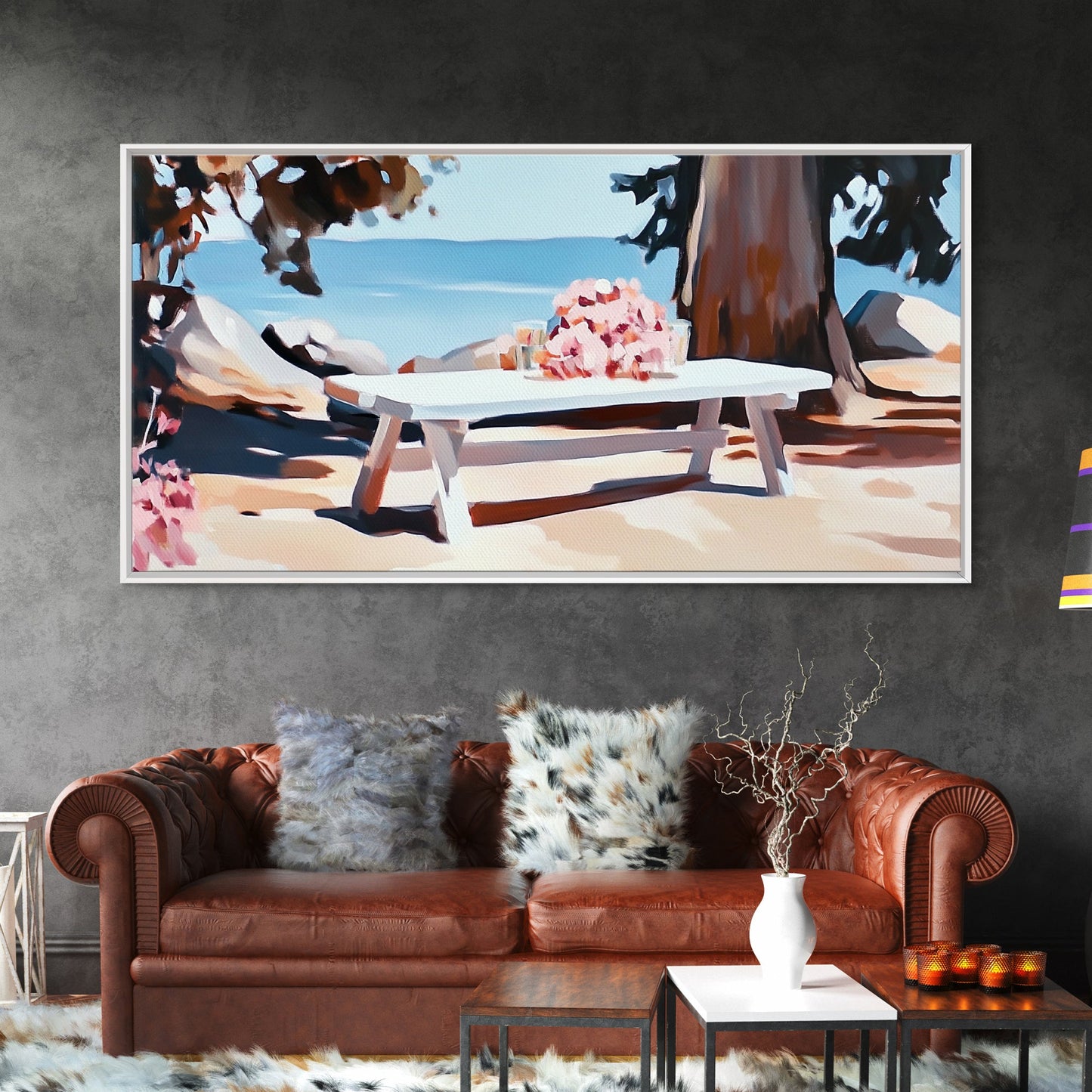 Strandpicknick, Essen am Meer, Sommerliche Wandbilder, Gerahmter Leinwanddruck, Küstendeko, Entspannende Atmosphäre, Küchenkunst, Maritime Ästhetik