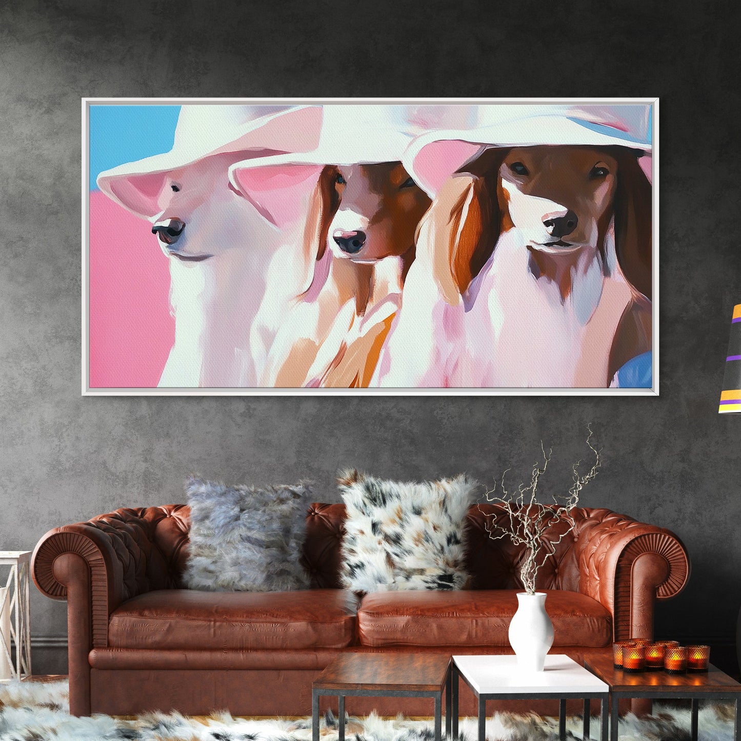 Stilvolle Hunde, Trendige Tierkunst, Ästhetischer Druck in Rosa, Modernes Haustierporträt, Verspielte Wandkunst, Dekoratives Dekor, Gerahmter Leinwanddruck