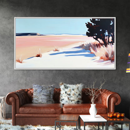 Wüstenpfad, minimalistische Landschaftskunst, warmer Pastelldruck, erdige Ästhetik, rustikale Wanddekoration, Schlafzimmerkunst, Leinwanddruck