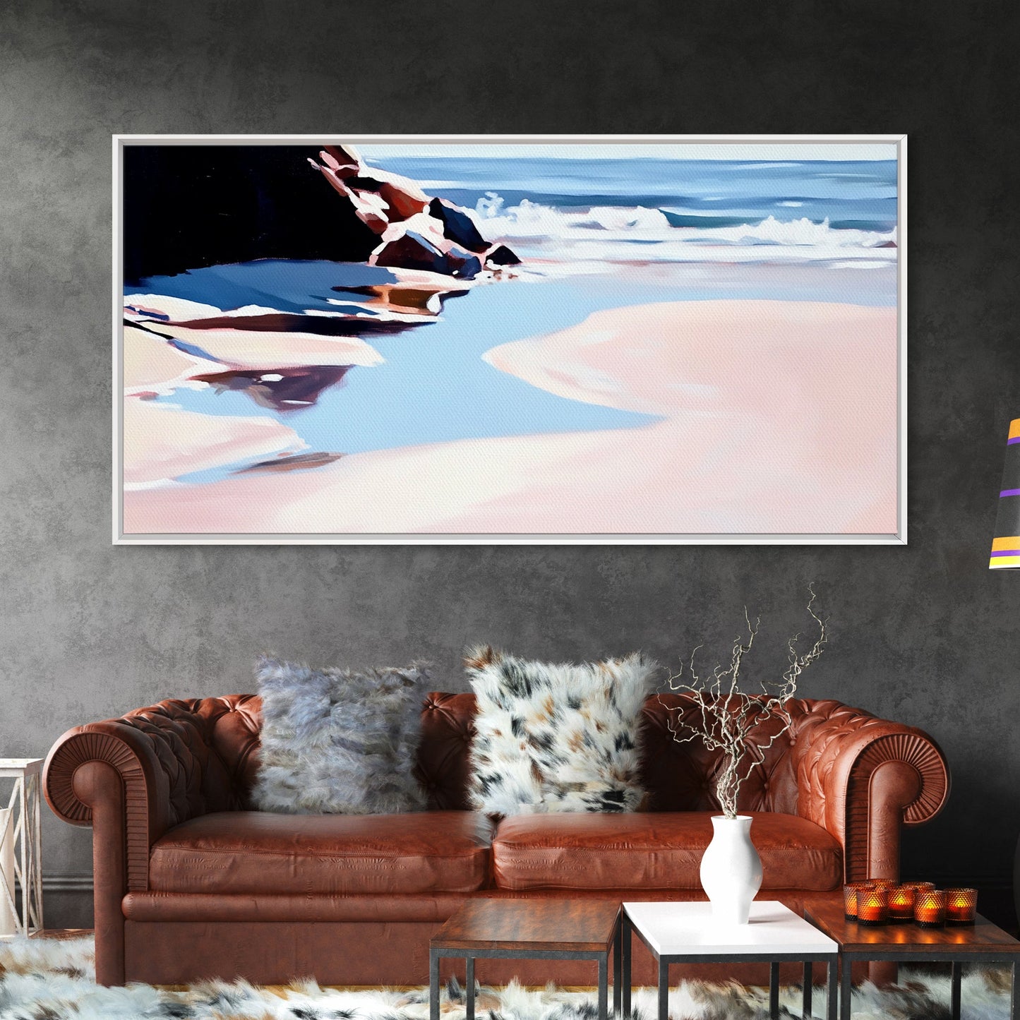 Ocean Shore, Tranquil Seascape Art, Pink Blue Horizon, Serene Beach Wall Decor, Relaxing Coastal Aesthetic, Canvas Print