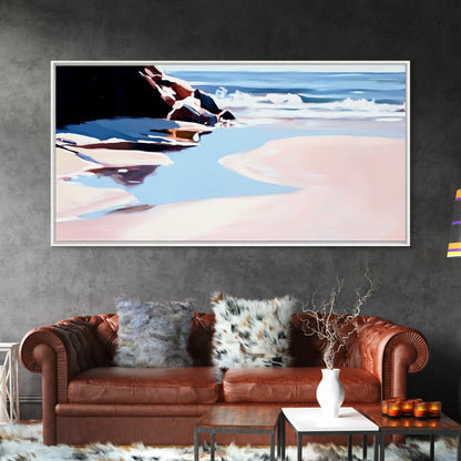 Ocean Shore, Tranquil Seascape Art, Pink Blue Horizon, Serene Beach Wall Decor, Relaxing Coastal Aesthetic, Canvas Print