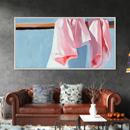 Hanging Shirts, Minimalist Wall Art, Soft Pastel Decor, Boho Chic Painting, Light Blue and Pink, Aesthetic Bedroom Art, Canvas Print