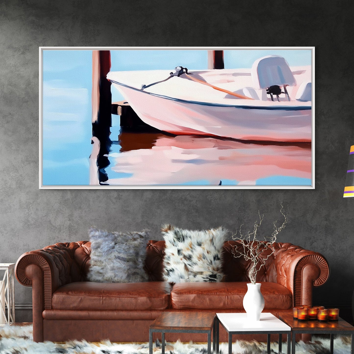 Segelboot-Ruhe, Nautische Kunst, Minimalistischer Boho-Stil, Blaue Küstendekoration, Spiegelung im ruhigen Wasser, Gelassene Ästhetik, Leinwanddruck, Eingangsbereich