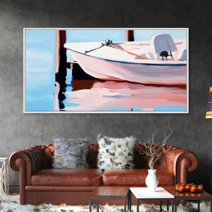 Segelboot-Ruhe, Nautische Kunst, Minimalistischer Boho-Stil, Blaue Küstendekoration, Spiegelung im ruhigen Wasser, Gelassene Ästhetik, Leinwanddruck, Eingangsbereich