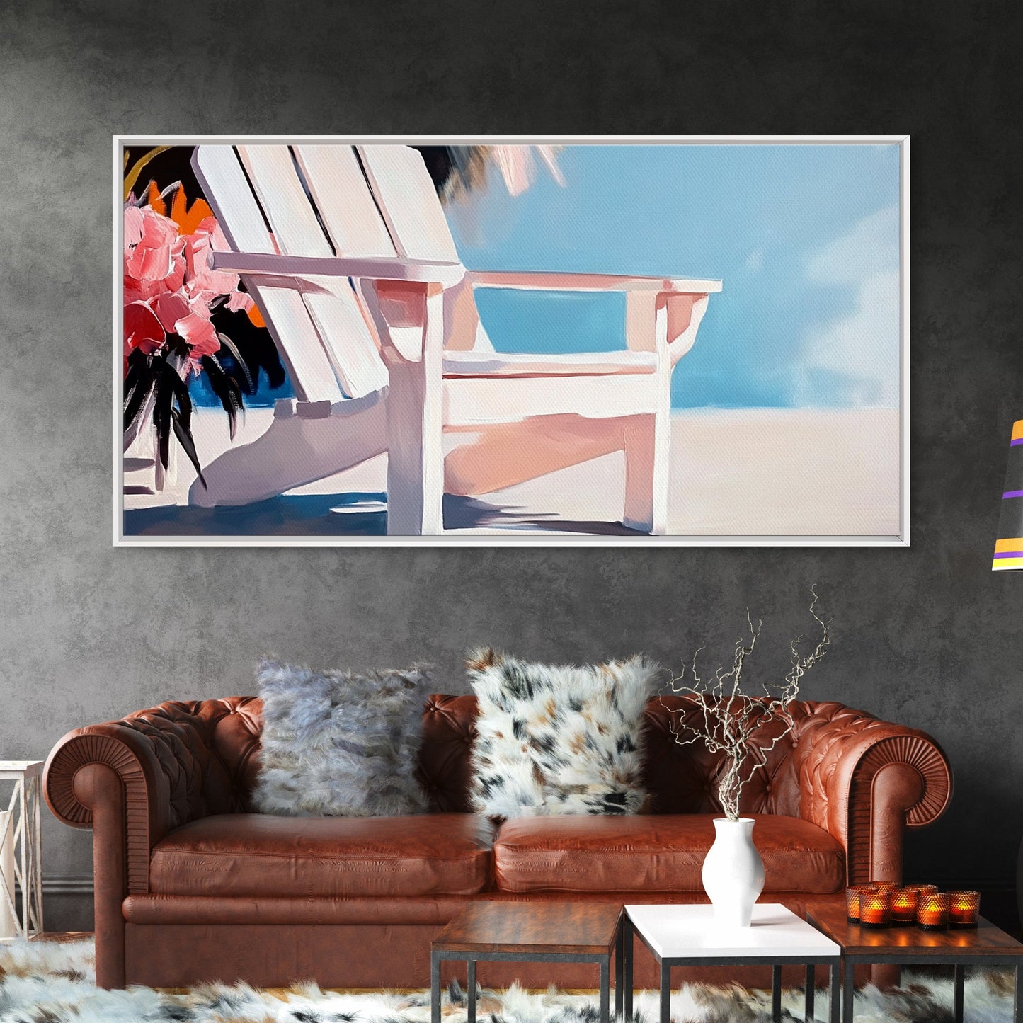 Strandstuhl, Sommerentspannung, Küstenkunst für draußen, Urlaubsästhetik, tropische Wohndekoration, minimalistische Pastellfarben, Leinwanddruck, Terrasse