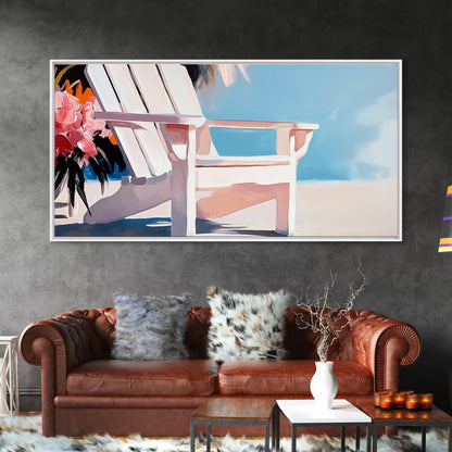 Strandstuhl, Sommerentspannung, Küstenkunst für draußen, Urlaubsästhetik, tropische Wohndekoration, minimalistische Pastellfarben, Leinwanddruck, Terrasse