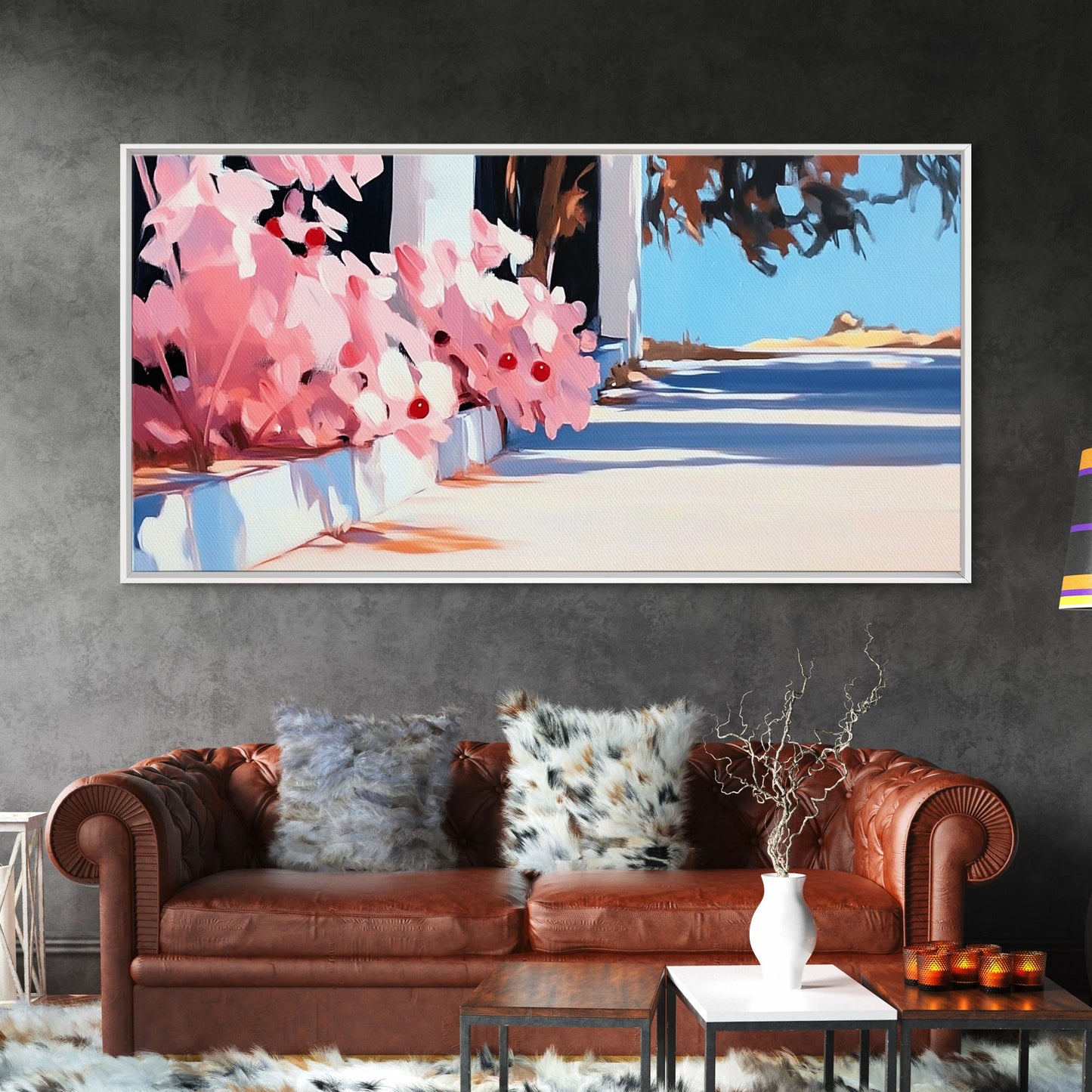 Flowers, Sunlit Walkway, Mediterranean Style Art, Floral Painting, Romantic Landscape, Framed Canvas Print, Outdoor Wall Art, Pastel Tones