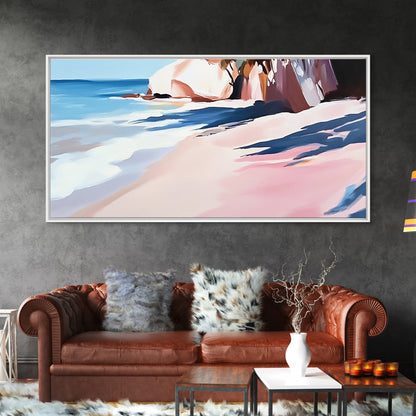 Meeresküste, Felsstrand, blaue Wellen, Leinwanddruck, moderne Küstenkunst, Strandhausdeko, Wandbild fürs Wohnzimmer, minimalistisches Meeresbild