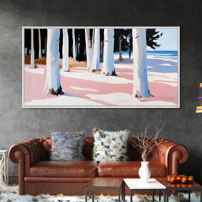Wald am Ufer, Küstenbäume, Naturkunst, Leinwanddruck, Ruhige Wanddekoration, Wohnzimmerkunst, Strandhausgemälde, Minimalistische Kunst