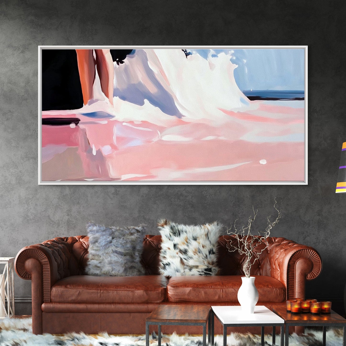 Abstract Waves, Coastal Aesthetic, Beach Sunset, Living Room Wall Art, Canvas Print, Ocean Home Decor, Modern Seaside Artwork, Pink and Blue