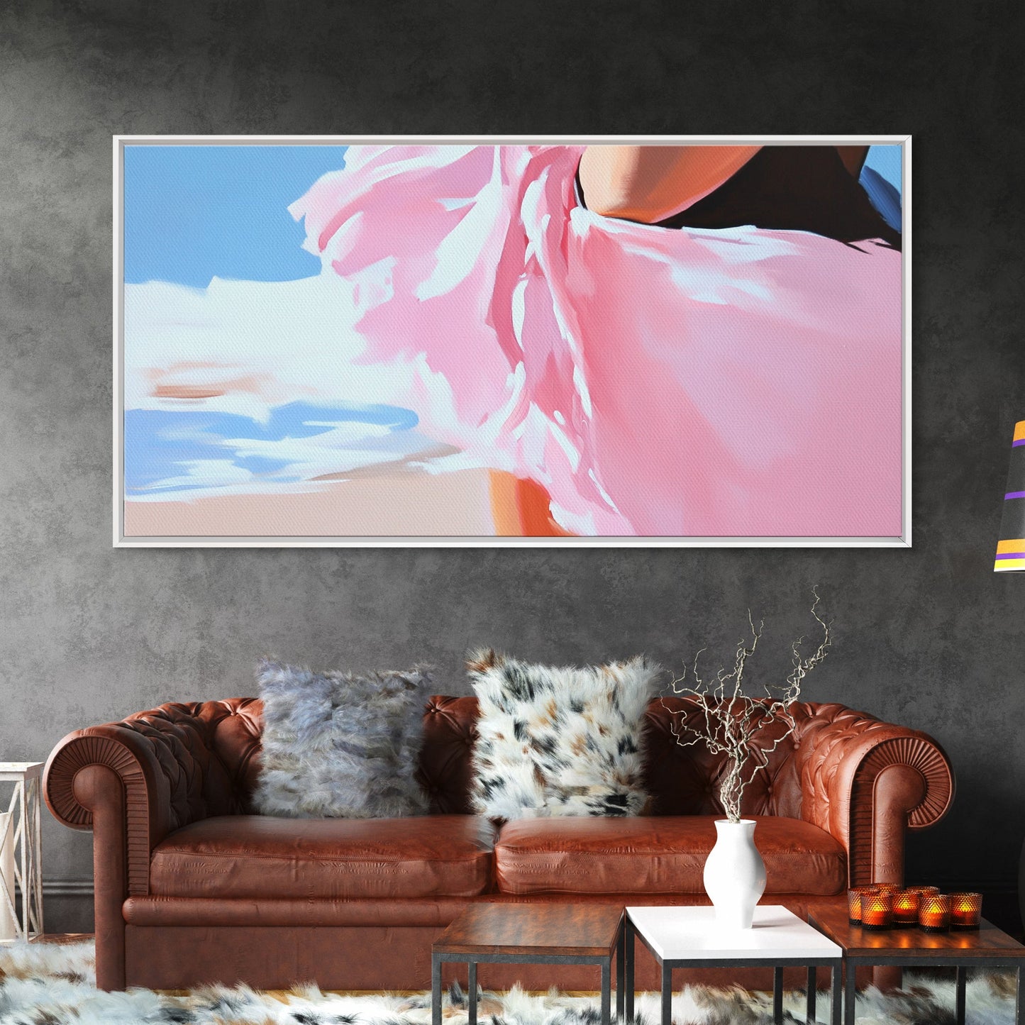 Fließendes Kleid, Strandwind, feminine Eleganz, modische Wandkunst, gerahmter Leinwanddruck, Meeresbrise, moderne Wohndekoration, zartrosa Ästhetik