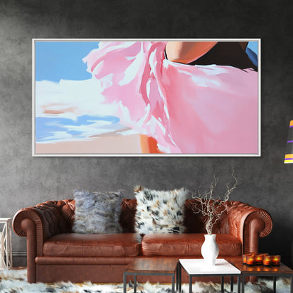 Fließendes Kleid, Strandwind, feminine Eleganz, modische Wandkunst, gerahmter Leinwanddruck, Meeresbrise, moderne Wohndekoration, zartrosa Ästhetik