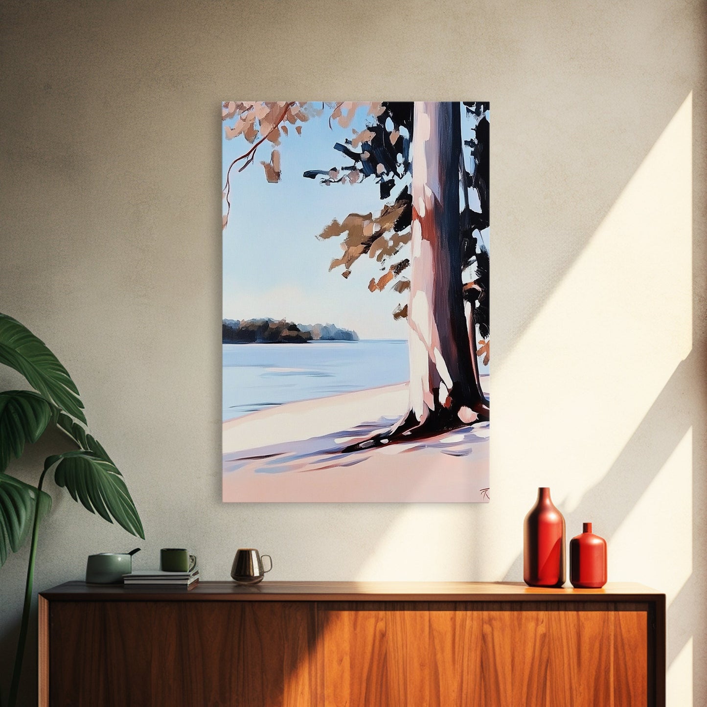 Lakeside Tree, Framed Canvas Print, Nature Wall Art, Serene Landscape, Beach House Decor, Tranquil Painting, Living Room Accent