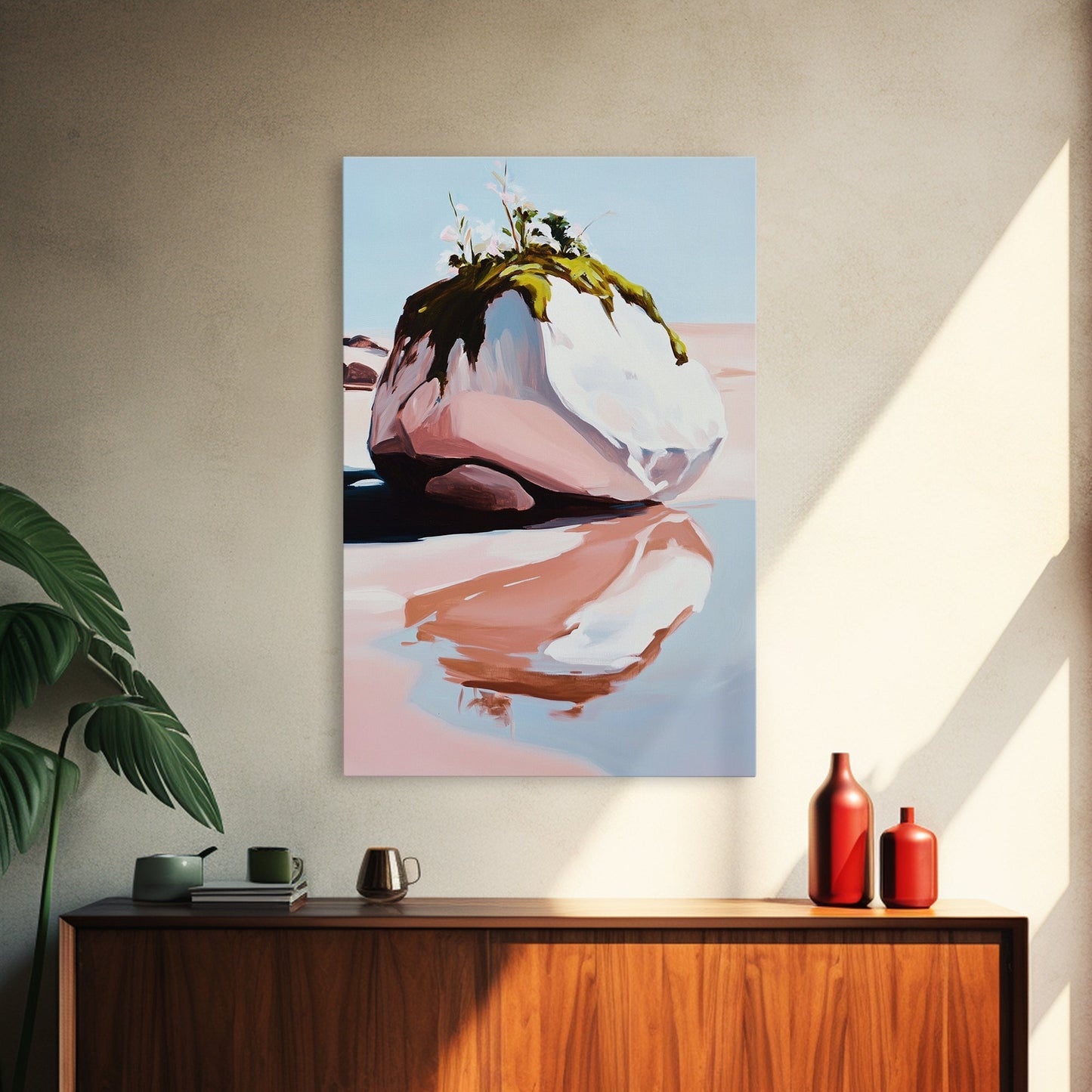 Modern Coastal Art, Abstract Beach Scene, Minimalist Ocean Print, Framed Canvas Print, Boho Seascape, Living Room Wall Art, Pastel Decor