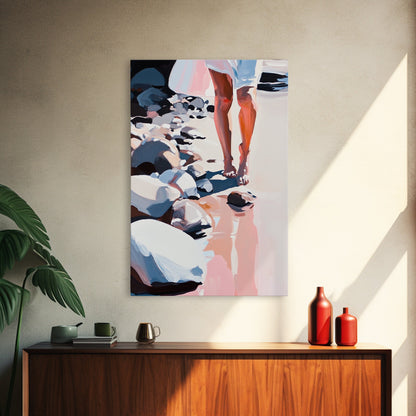 Walking on Rocks, Coastal Reflection, Beach Serenity, Soft Pastel Art, Framed Canvas Print, Nature Home Decor, Modern Wall Art