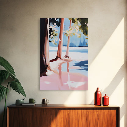 Sunset Reflection, Tranquil Beach, Serene Landscape, Ocean Serenity, Pink Skies, Relaxing Vibes, Framed Canvas Print, Living Room