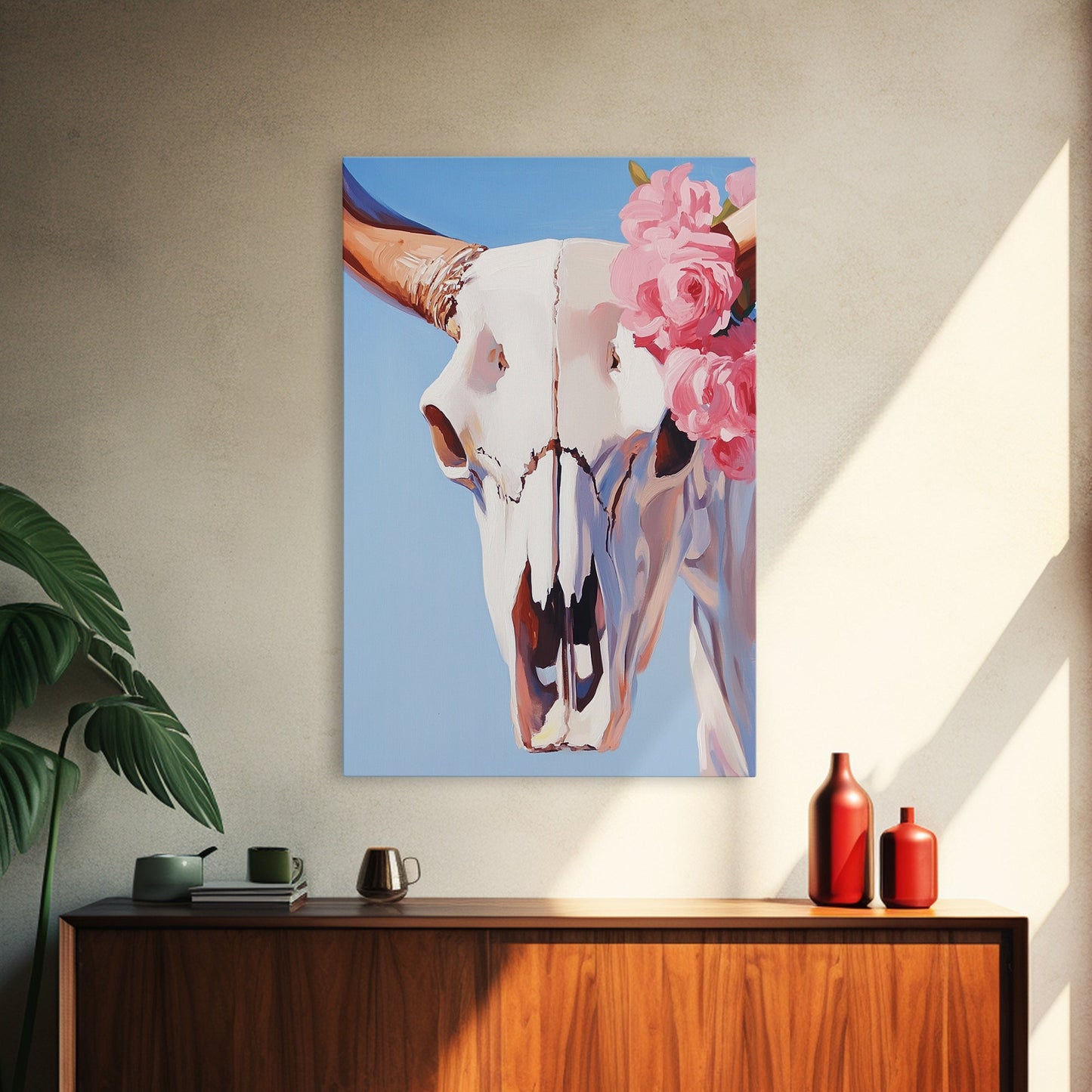 Longhorn Skull, Western Decor, Boho Wall Art, Rustic Home, Floral Art, Cowboy Aesthetic, Canvas Print, Bedroom Art, Southwestern Gift