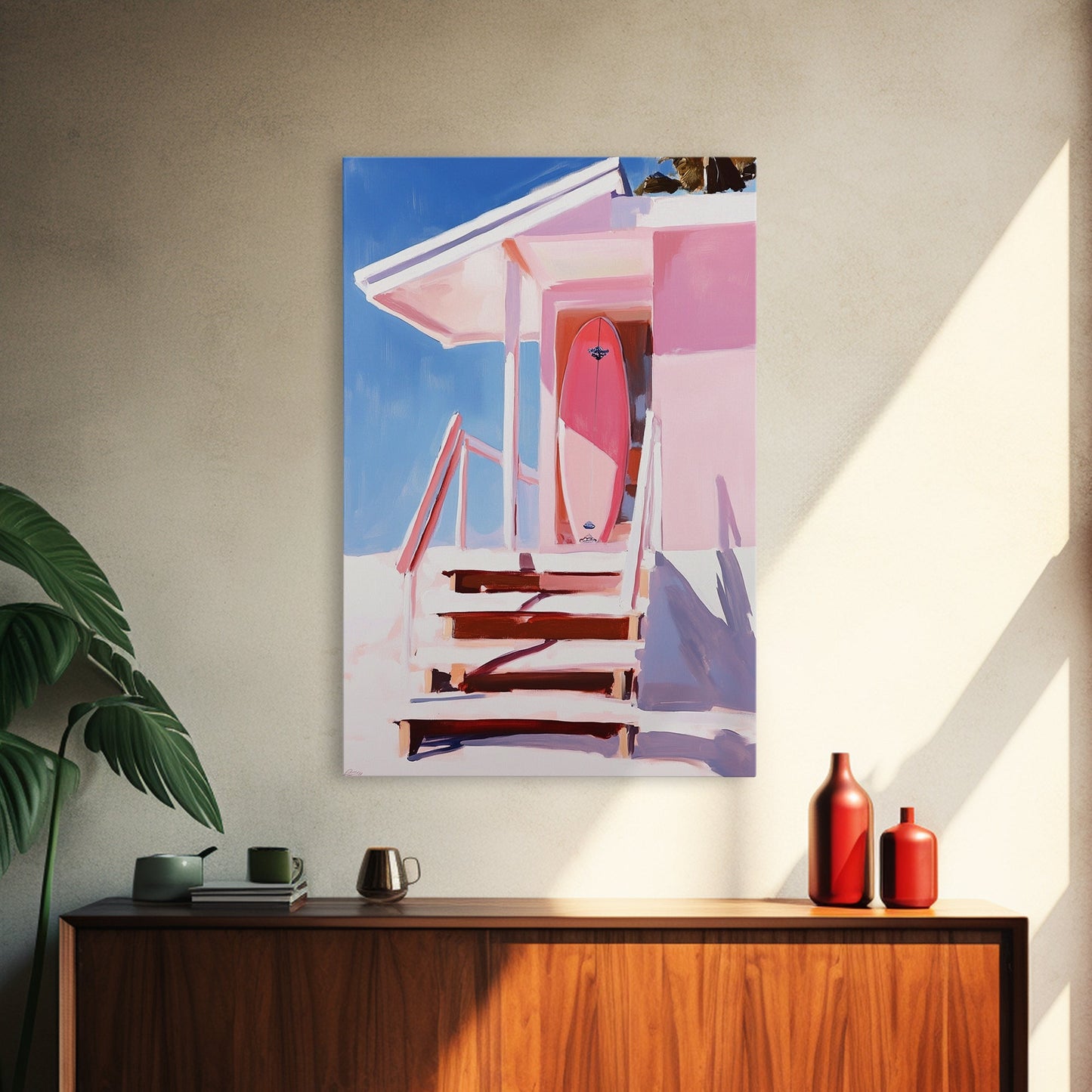 Surf Shack, Tropical Beach House Art, Framed Canvas Print, Pink Coastal Decor, Summer Vibes Wall Art, Relaxing Ocean Painting, Boho Chic