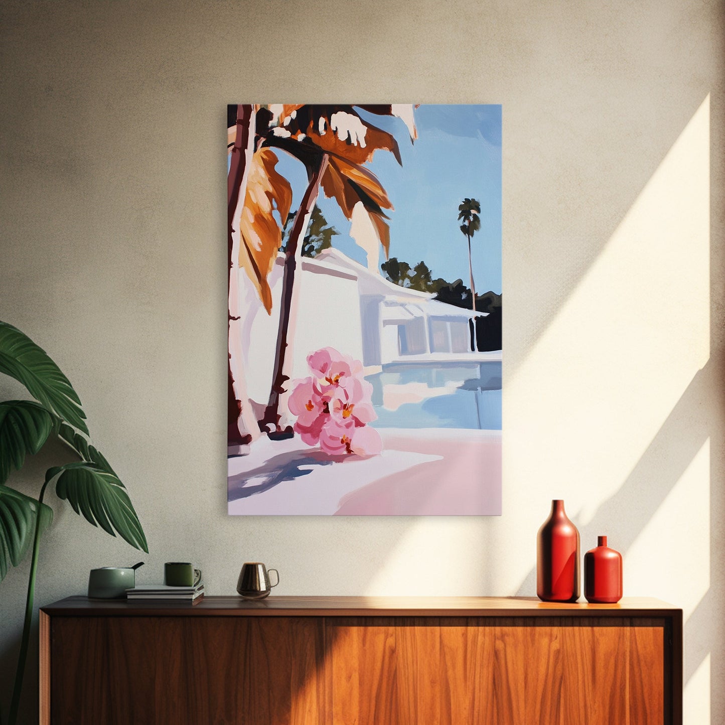 Tropical, Palm Trees, Poolside, Framed Canvas Print, Modern Beach House Art, Vibrant Wall Decor, Summer Vibes, Aesthetic Living Room Art