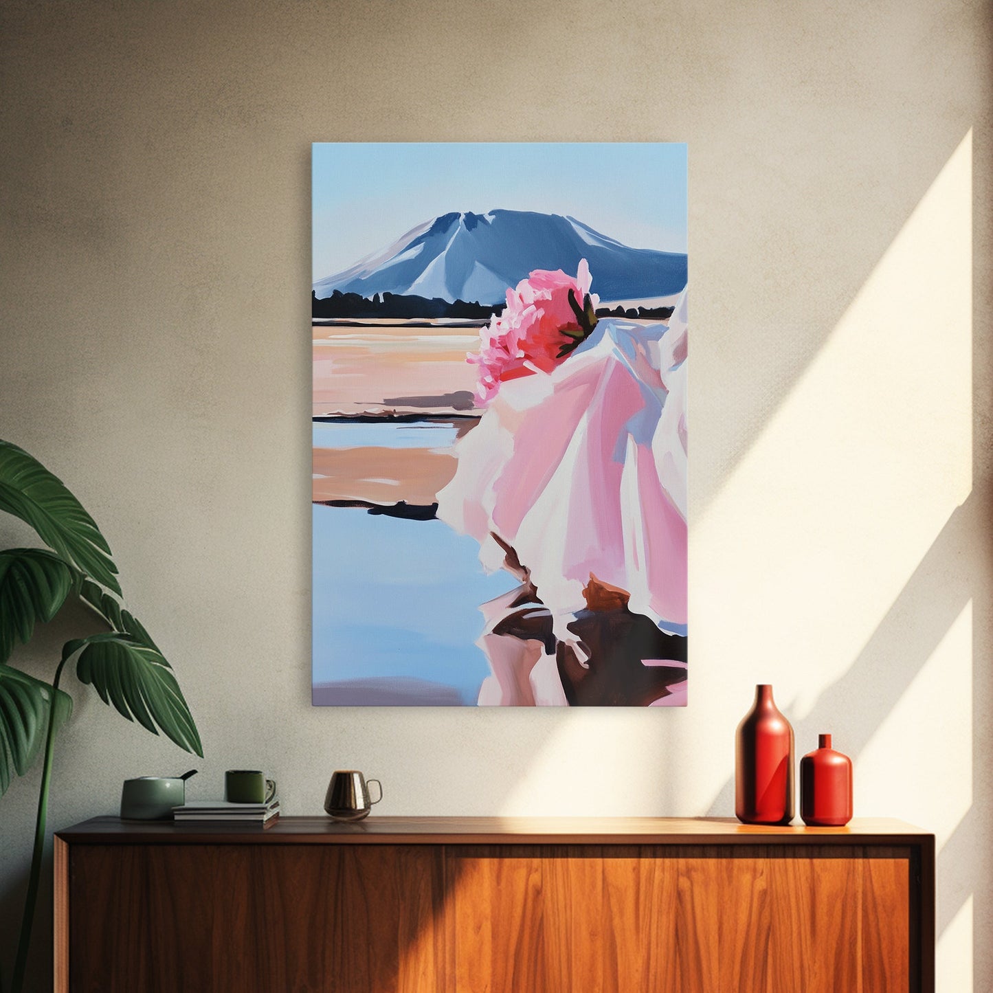 Floral, Pink Bouquet, Nature Art, Framed Canvas Print, Feminine Wall Decor, Boho Home Art, Blue Painting, Living Room Wall Art