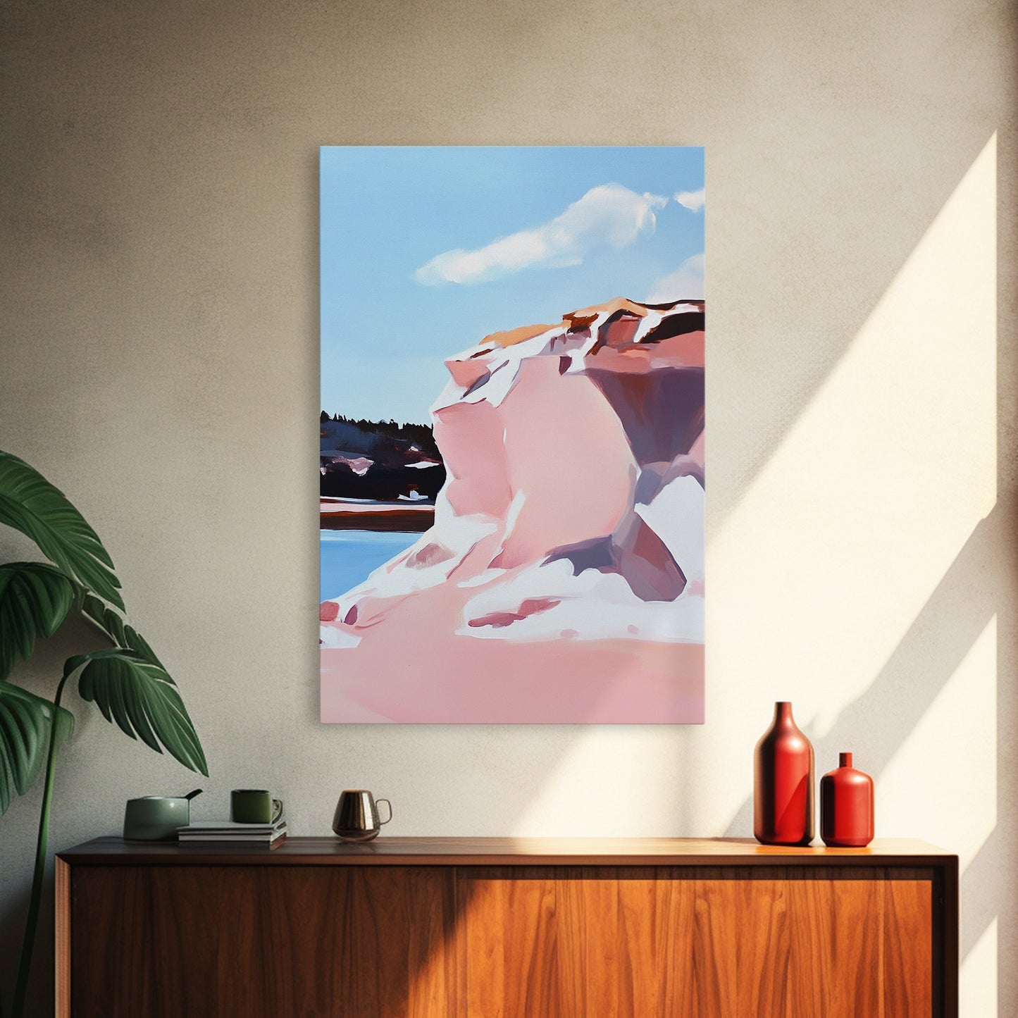 Pink Cliffs, Coastal Beauty, Ocean Landscape, Soft Pastel Art, Nature Inspired, Tranquil Scenery, Boho Wall Art, Framed Canvas Print