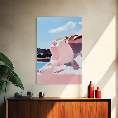 Pink Cliffs, Coastal Beauty, Ocean Landscape, Soft Pastel Art, Nature Inspired, Tranquil Scenery, Boho Wall Art, Framed Canvas Print