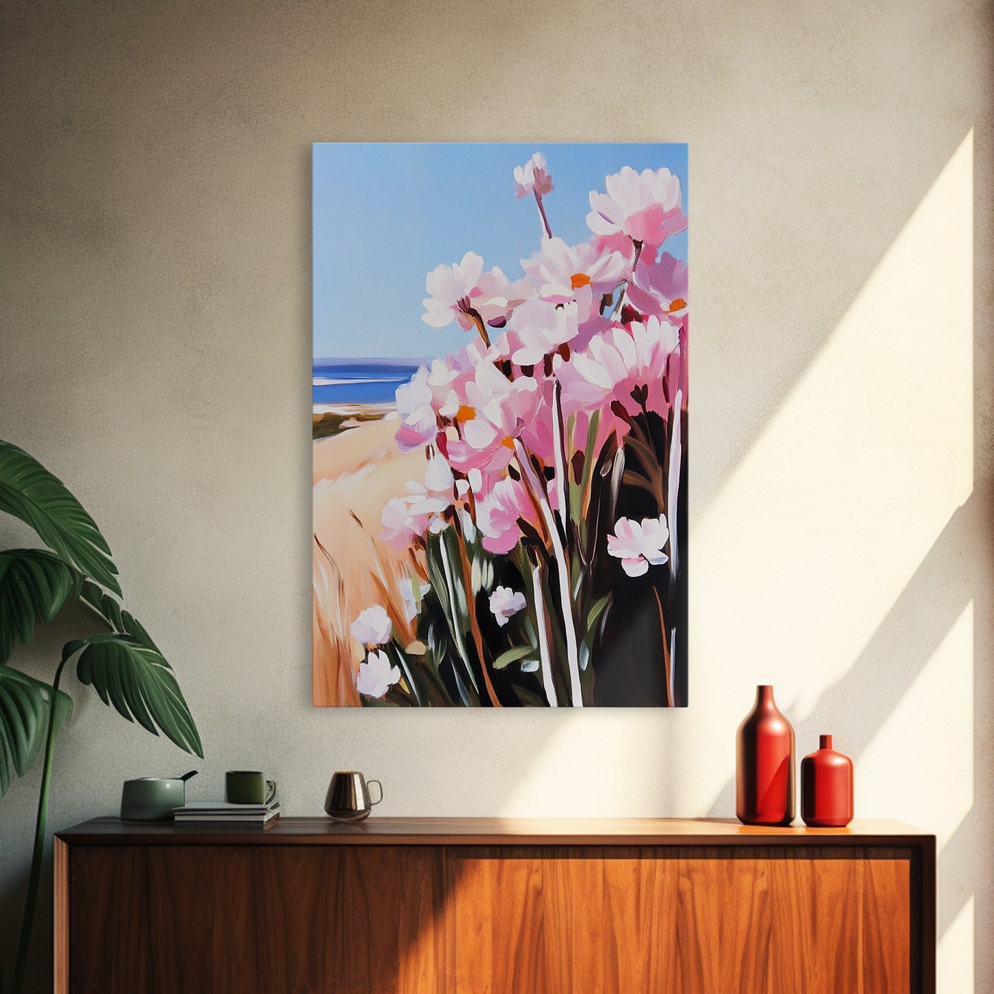 Coastal Flowers, Pink Daisy Art, Floral Beach Decor, Framed Canvas Print, Modern Boho Wall Art, Bedroom Artwork, Summer Aesthetic