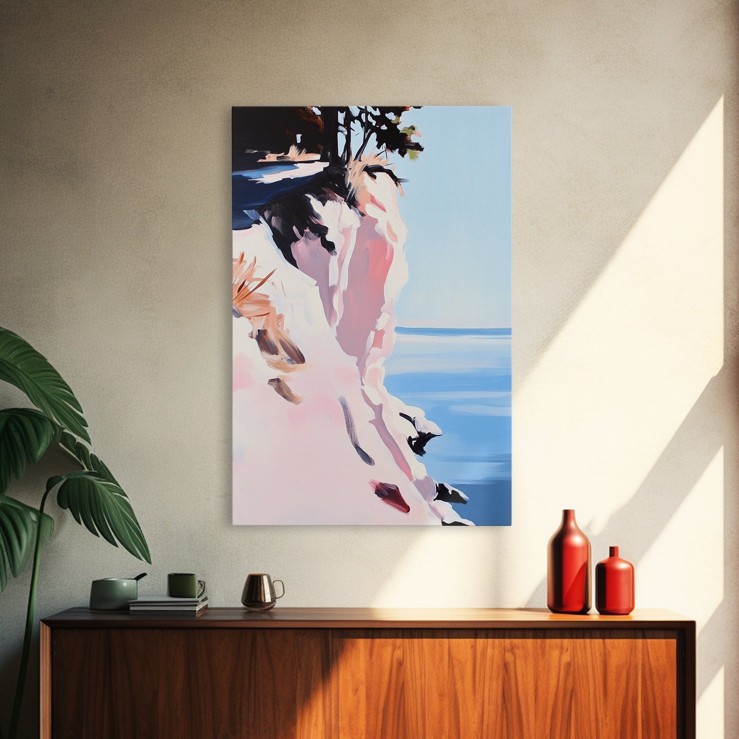 Cliffs and Water, Nature Wall Art, Minimalist Landscape, Coastal Home Decor, Blue and Pink Art, Framed Canvas Print, Office Wall Decor