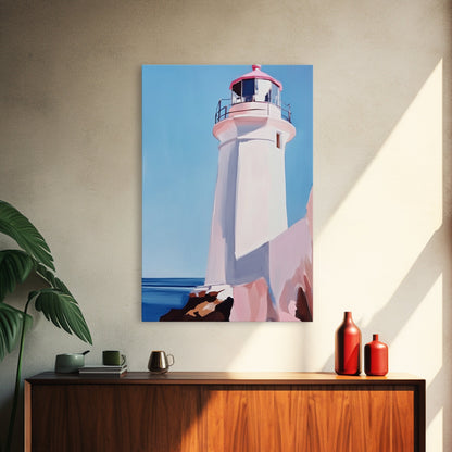 Lighthouse View, Nautical Wall Art, Beach House Decor, Ocean Scene Painting, Coastal Style, Framed Canvas Print, Bathroom Wall Art