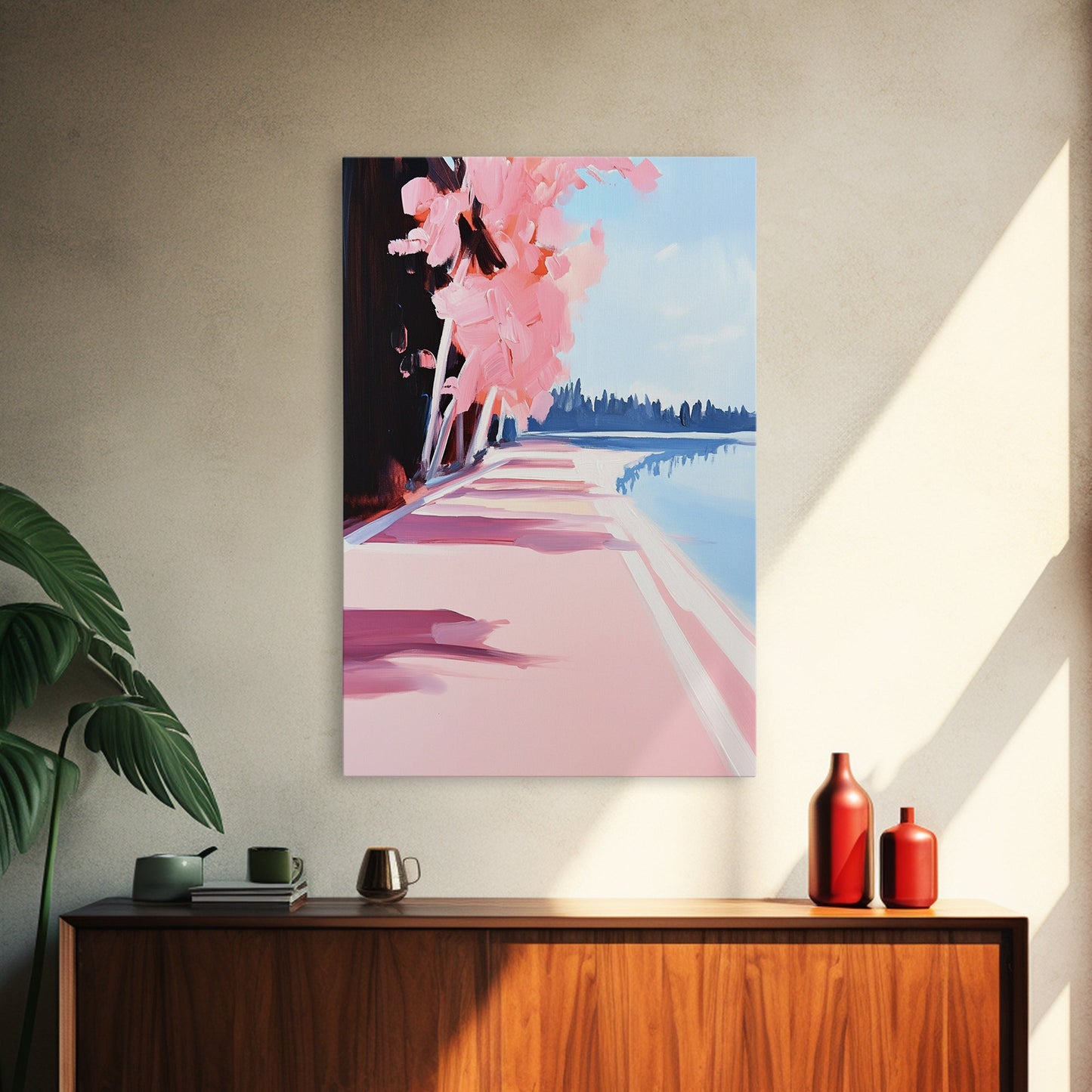 Mediterranean Steps, Coastal Wall Art, Santorini Print, Blue and Pink Decor, Travel Painting, Framed Canvas Print, Living Room Art