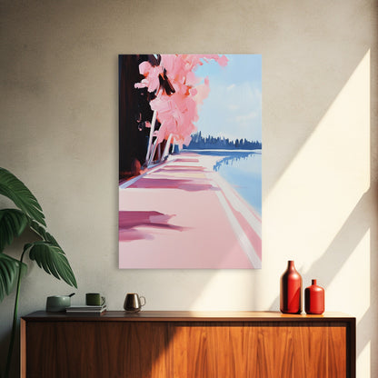 Mediterranean Steps, Coastal Wall Art, Santorini Print, Blue and Pink Decor, Travel Painting, Framed Canvas Print, Living Room Art