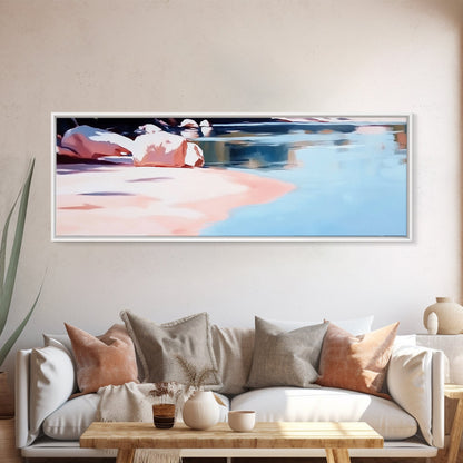 Reflections on Water, Tranquil Lakeside Scene, Minimalist Nature Art, Canvas Print, Serene Blue Tones, Relaxing Wall Art, Office Decor