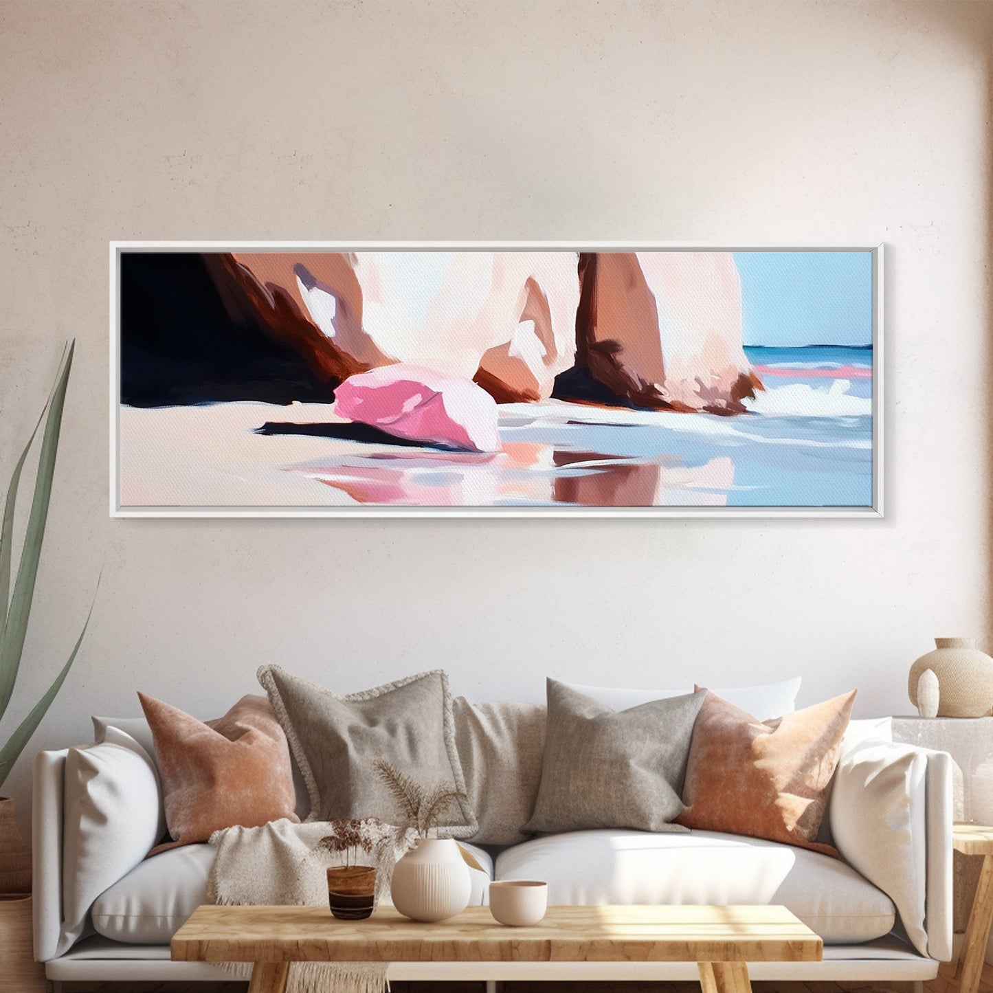 Pink Shoreline, Ocean Reflection, Coastal Wall Art, Framed Canvas Print, Minimalist Seascape, Beach House Decor, Living Room Artwork