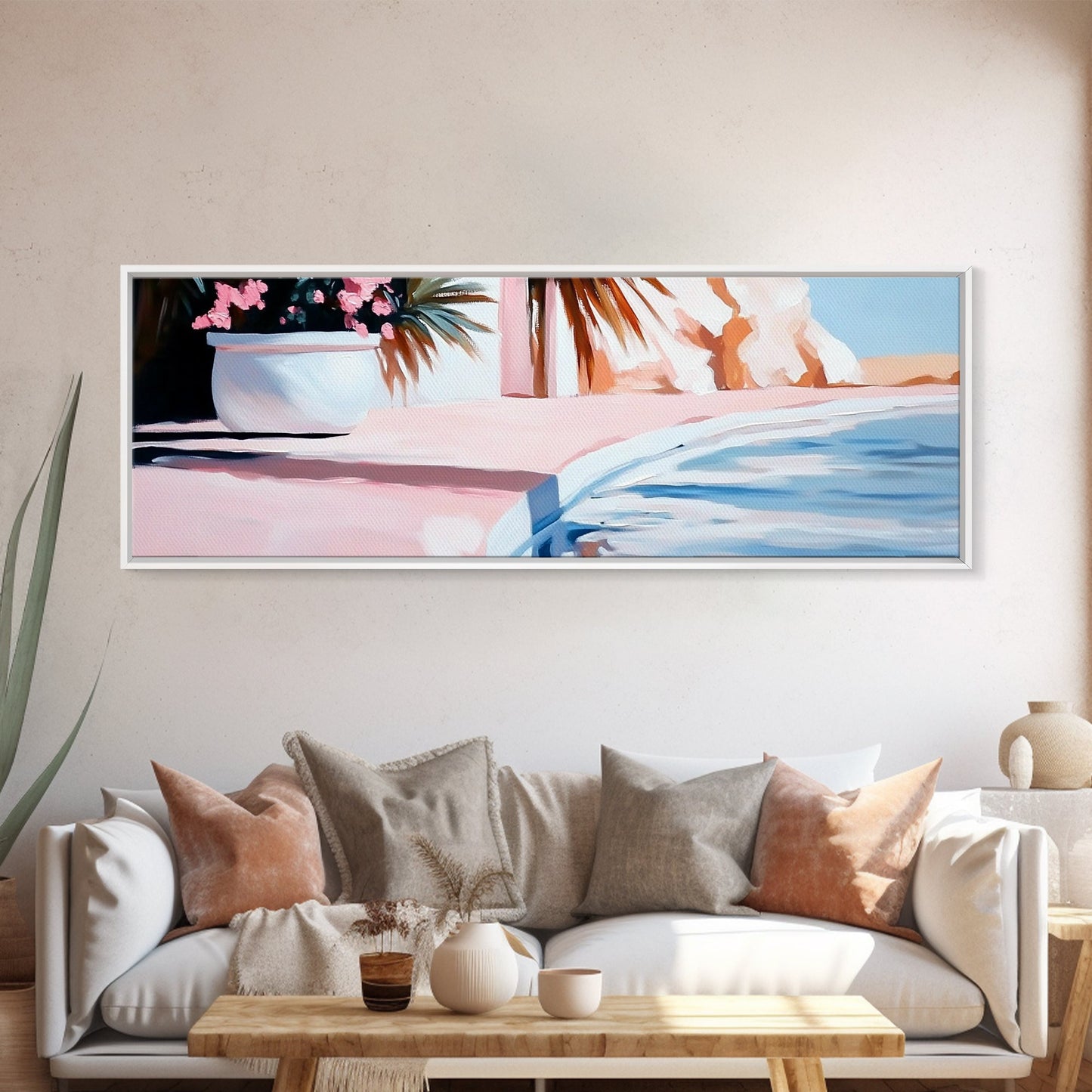 Poolside Bliss, Tropical Vibes, Relaxing Art, Framed Canvas Print, Pink Aesthetic, Coastal Wall Decor, Summer Artwork, Beach Decor