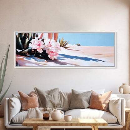 Rosa Blumen, gerahmter Leinwanddruck, florale Wandkunst, Wüstenmotiv, Boho-Ästhetik, moderne Wohndekoration, Schlafzimmerkunst, Naturmalerei