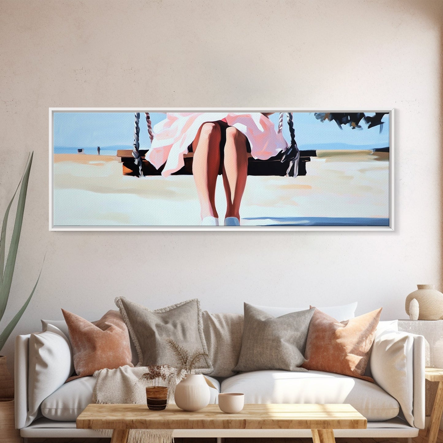 Swing By The Sea, Pastel Sky, Framed Canvas Print, Beach Wall Art, Minimalist Decor, Relaxing Aesthetic, Soft Tones, Coastal Living