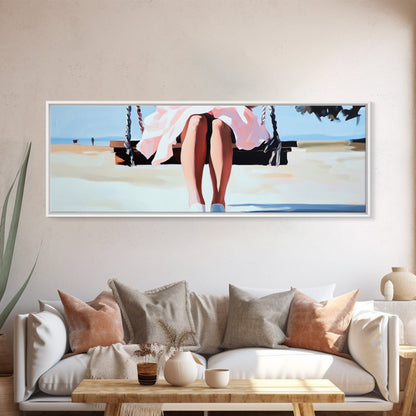 Swing By The Sea, Pastel Sky, Framed Canvas Print, Beach Wall Art, Minimalist Decor, Relaxing Aesthetic, Soft Tones, Coastal Living